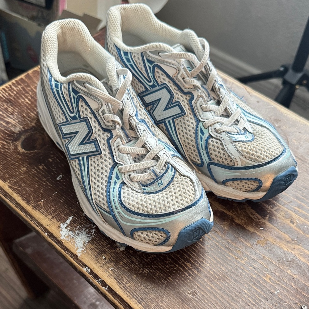 New Balance Kids' Cream and Blue Sneakers